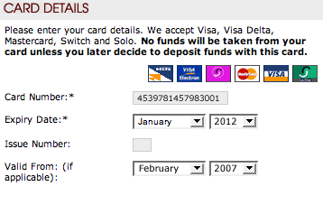 Example of completed Card Details section of registration form